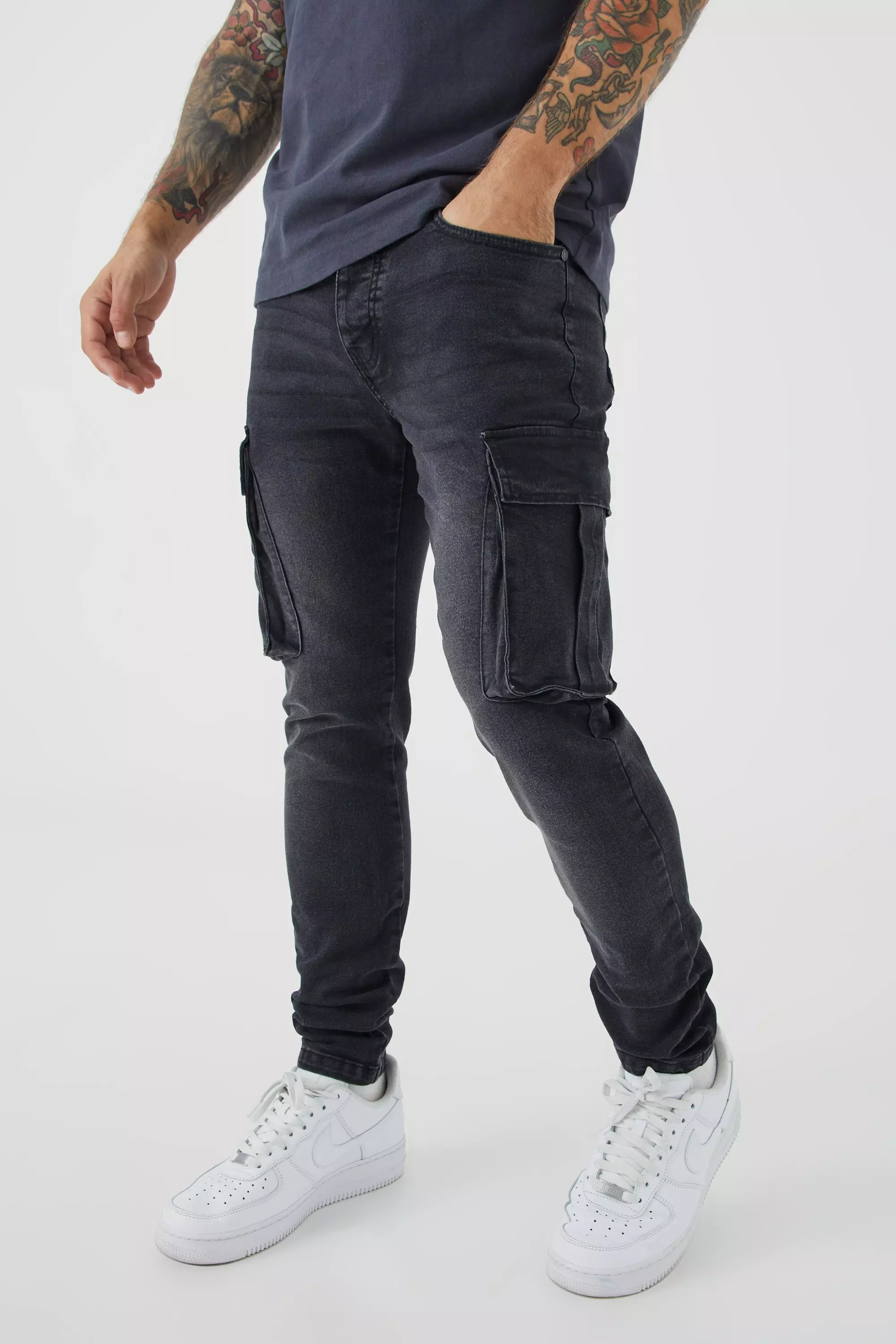Skinny Stretch Washed Cargo Jeans | boohooMAN USA